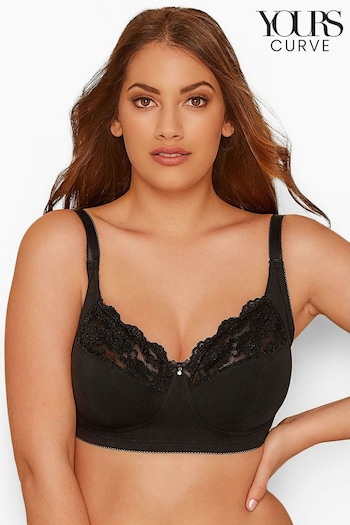Yours Curve Black Cotton Lace Non-Padded Non-Wired Bralette (K91592) | £21