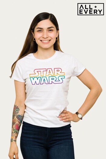 All + Every White Star Wars Colour Stripe Text Logo Womens T-Shirt (K92224) | £24