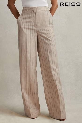 Reiss Neutral Odette Petite Wool Blend Striped Wide Leg Trousers logo-print (K92271) | £168