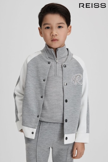 Reiss Soft Grey/White Pelham Jersey Varsity Jacket (K92521) | £44