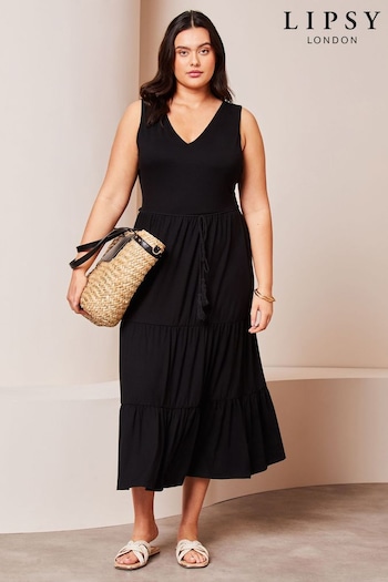 Lipsy Black Curve Jersey Belted V Neck Tiered Midi Dress (K92570) | £36