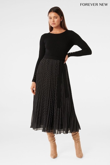 Forever New Black Finley Polka Dot Pleat Hem Knit Dress (K92586) | £95