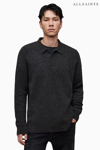 AllSaints Black Shapley Long Sleeve Polo Shirt (K92646) | £99