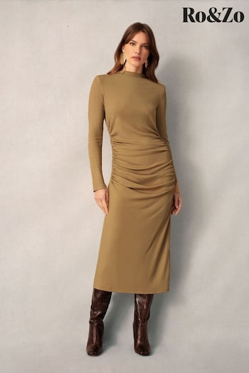 Ro&Zo Rib Jersey Gathered Brown Dress (K92740) | £99