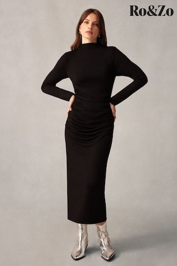 Ro&Zo - Black Rib Jersey Gathered Dress (K92741) | £99