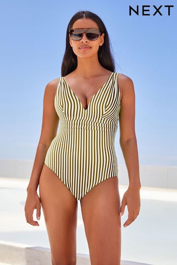 Khaki Green/Ecru Stripe Plunge Tummy Shaping Control Swimsuit (K92856) | £39