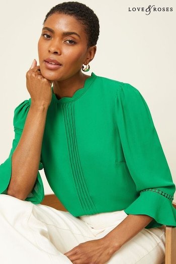 All New In Green Scallop Pintuck Flute Sleeve Blouse (K92875) | £29
