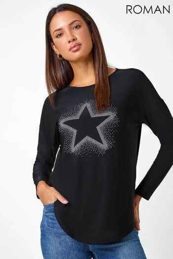Roman Black Sparkle Star Embellished Stretch T-Shirt (K92882) | £28