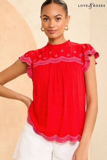 Love & Roses Red and Pink Embroidery Flutter Sleeve Shell Top (K92898) | £32