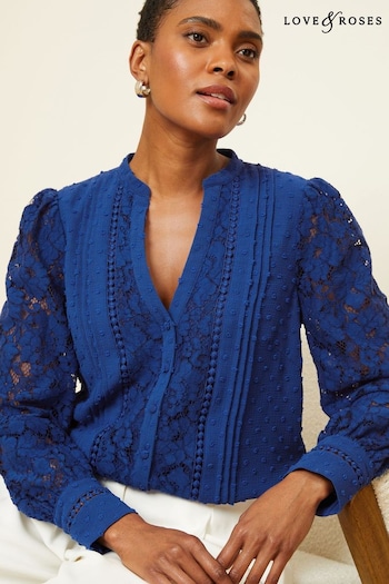 Love & Roses Blue Lace Long Sleeve Button Front V Neck Blouse (K92941) | £39
