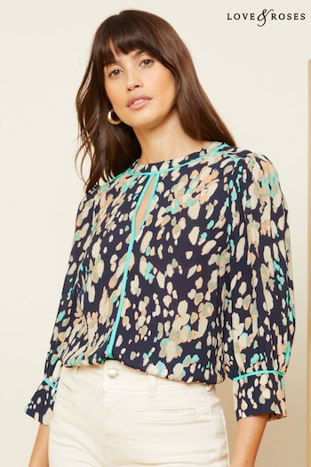 Love & Roses Navy Blue Printed Tipped 3/4 Sleeve Keyhole Blouse (K92946) | £36