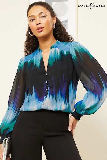 Love & Roses Blue Ombre Printed V Neck Puff Sleeve Blouse (K92962) | £39