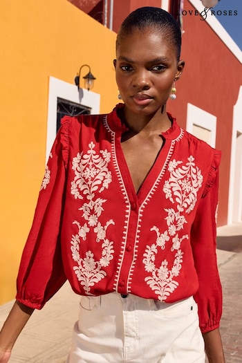 Love & Roses Red Embroidery Ruffle V Neck 3/4 Sleeve Button Up Blouse (K92974) | £39