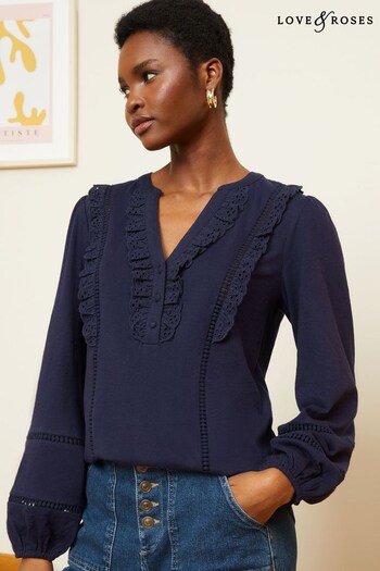 Cover Ups & Ponchos Navy Blue Broderie Trim Lace insert V Neck Jersey Top (K92984) | £34