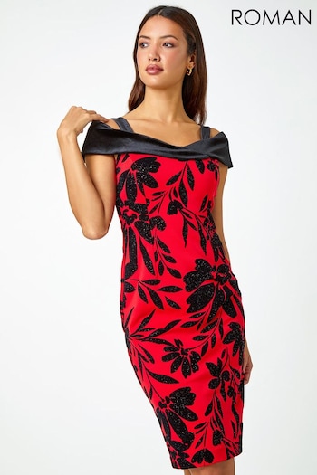 Roman Red Flocked Floral Premium Stretch Dress (K93021) | £50