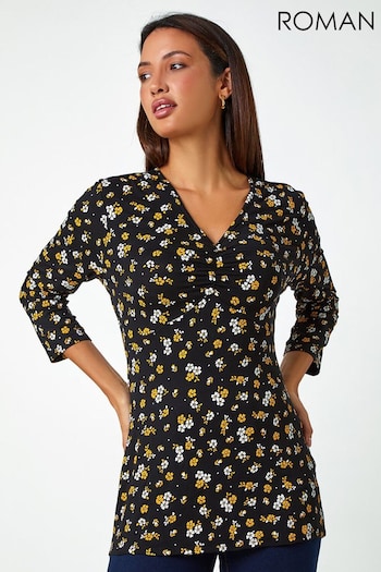 Roman Yellow Floral Print Ruched Stretch Top (K93035) | £28