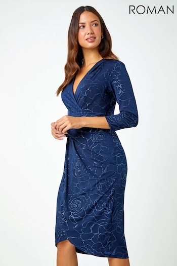 Roman Blue Sparkle Floral Stretch Wrap Dress (K93038) | £50