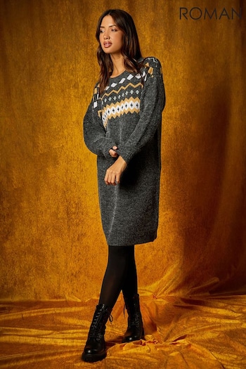 Roman Grey Nordic Print Knitted Jumper Dress (K93040) | £42