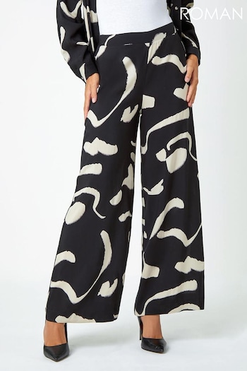 Roman Black Abstract Print Wide Leg Trousers cell (K93043) | £28