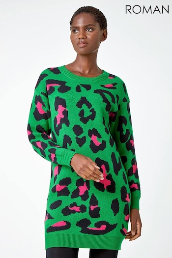 Roman Green Contrast Animal Print Stretch Jumper Dress (K93048) | £40