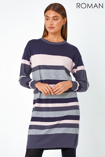 Roman Blue Stripe Print Stretch Knit Jumper Dress (K93075) | £40
