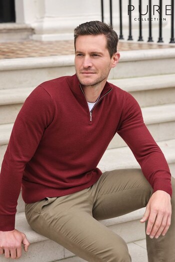 Pure Collection Mens Red Cashmere Zip Neck Sweater (K93121) | £175