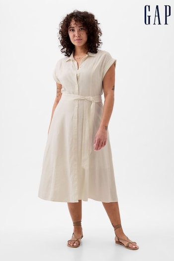 Gap White Linen-Blend Tie Waist Midi Shirt Dress (K93342) | £50