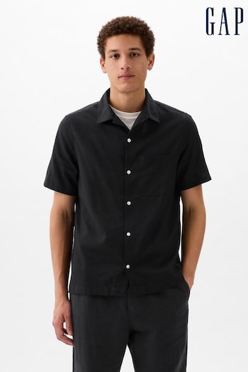 Gap Black Blue Short Sleeve Linen Cotton Shirt (K93344) | £40