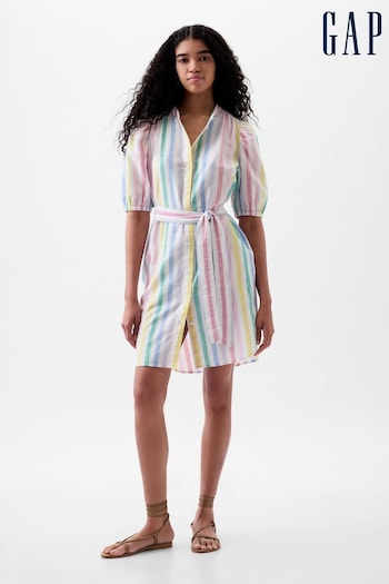 Gap White Rainbow Linen Blend Short Puff Sleeve Mini Shirt Dress (K93349) | £55