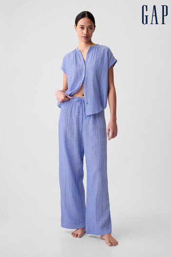 Gap Shirting Blue Crinkle Cotton Wide Leg Pull On Pyjama Trousers (K93350) | £35