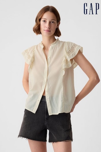 Gap Beige Crinkle Cotton Flutter Sleeve Shirt (K93358) | £30