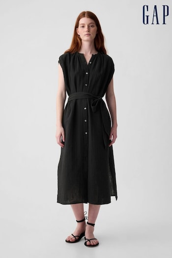 Gap Black Crinkle Cotton Belted Midi Shirt Long Dress (K93363) | £45