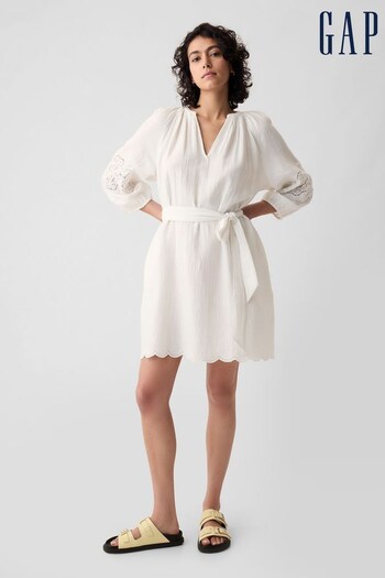 Gap White Crinkle Cotton Embroidered Elbow Sleeve Mini Dress (K93374) | £55