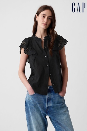 Gap Black Crinkle Cotton Flutter Sleeve Shirt (K93376) | £30