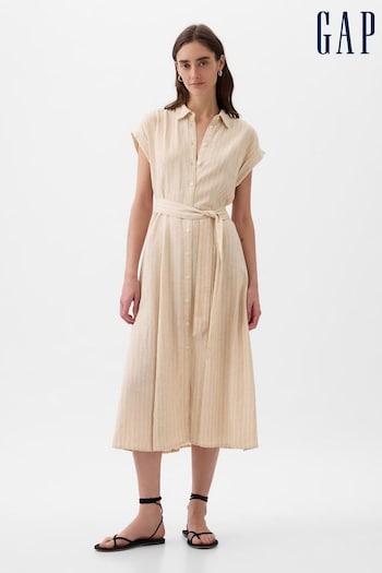 Gap Beige Linen-Blend Midi Tie Waist Shirt Dress (K93378) | £50