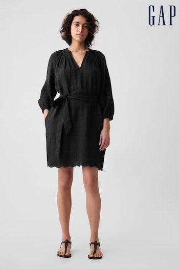 Gap Black Crinkle Cotton Embroidered Elbow Sleeve Mini Dress (K93383) | £55