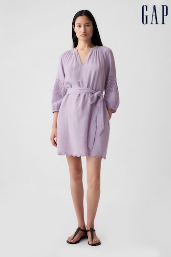 Gap Purple Crinkle Cotton Embroidered Elbow Sleeve Mini Dress (K93408) | £55
