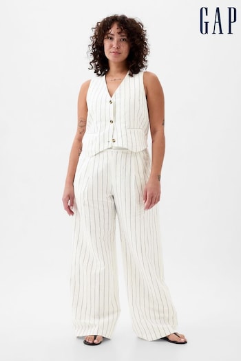 Gap White and Navy Stripe High Waisted Linen Cotton Blend Trousers (K93411) | £60