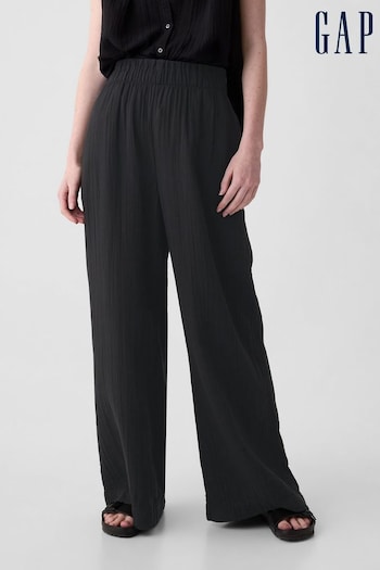 Gap Black Crinkle Cotton Wide Leg Pull On Trouser (K93415) | £40
