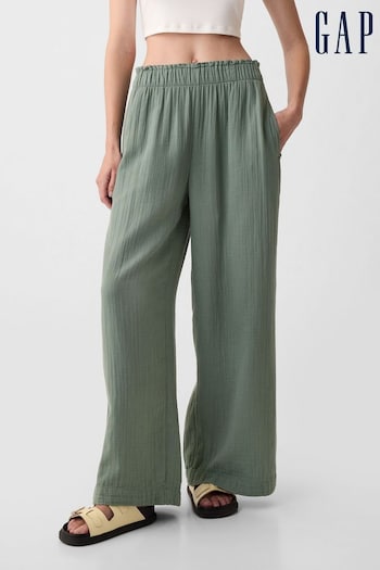 Gap Green Crinkle Cotton Wide Leg Pull On Trouser (K93418) | £40