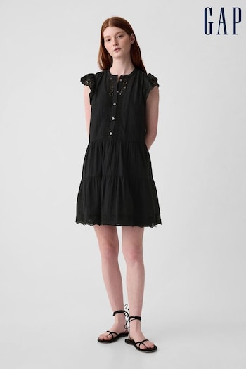 Gap Black Crinkle Cotton Crochet Mini Dress (K93420) | £50