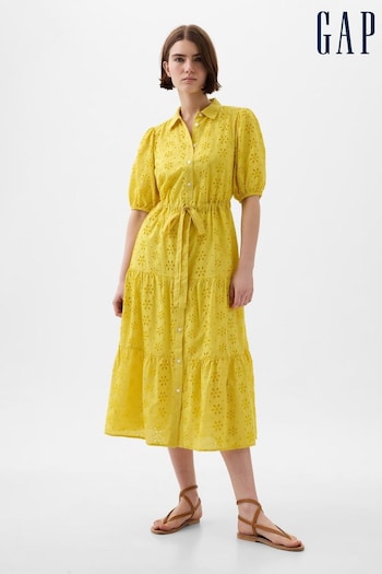 Gap Yellow Eyelet Tie Waist Tiered Midi Dress (K93421) | £70