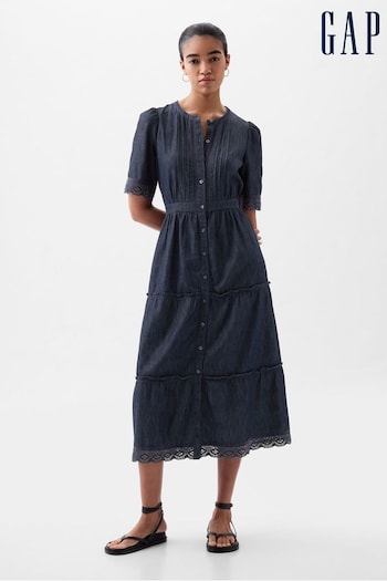 Gap Blue Lace Denim Look Buttoned Midi Dress (K93423) | £75