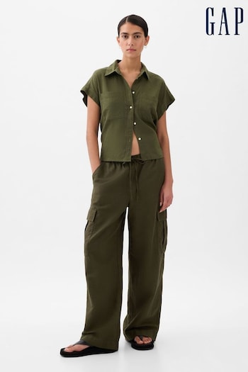 Gap Olive Green Linen Cotton Blend Cargo Trousers (K93424) | £55