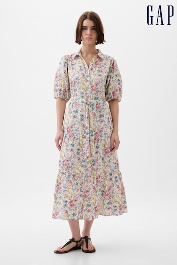Gap Neutral Puff Sleeve Floral Midi Dress (K93430) | £55