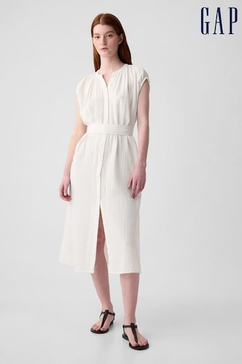 Gap White Crinkle Cotton Belted Midi Tagliatore Shirt Dress (K93433) | £45