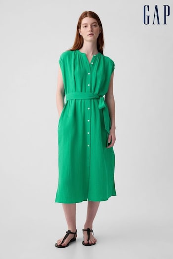 Gap Green Crinkle Cotton Belted Midi i028553 Shirt Dress (K93449) | £45