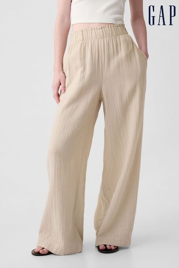 Gap Beige Crinkle Cotton Wide Leg Pull On Trouser (K93452) | £40