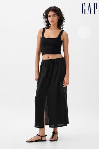 Gap Black Linen Cotton Uitlity Pocket Midi Skirt (K93453) | £45
