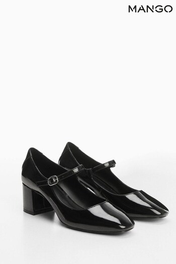 Mango Mimi Rounded Toe Patent Leather Effect Block Black Heels with Strap Closure and Buckle (K93573) | £50